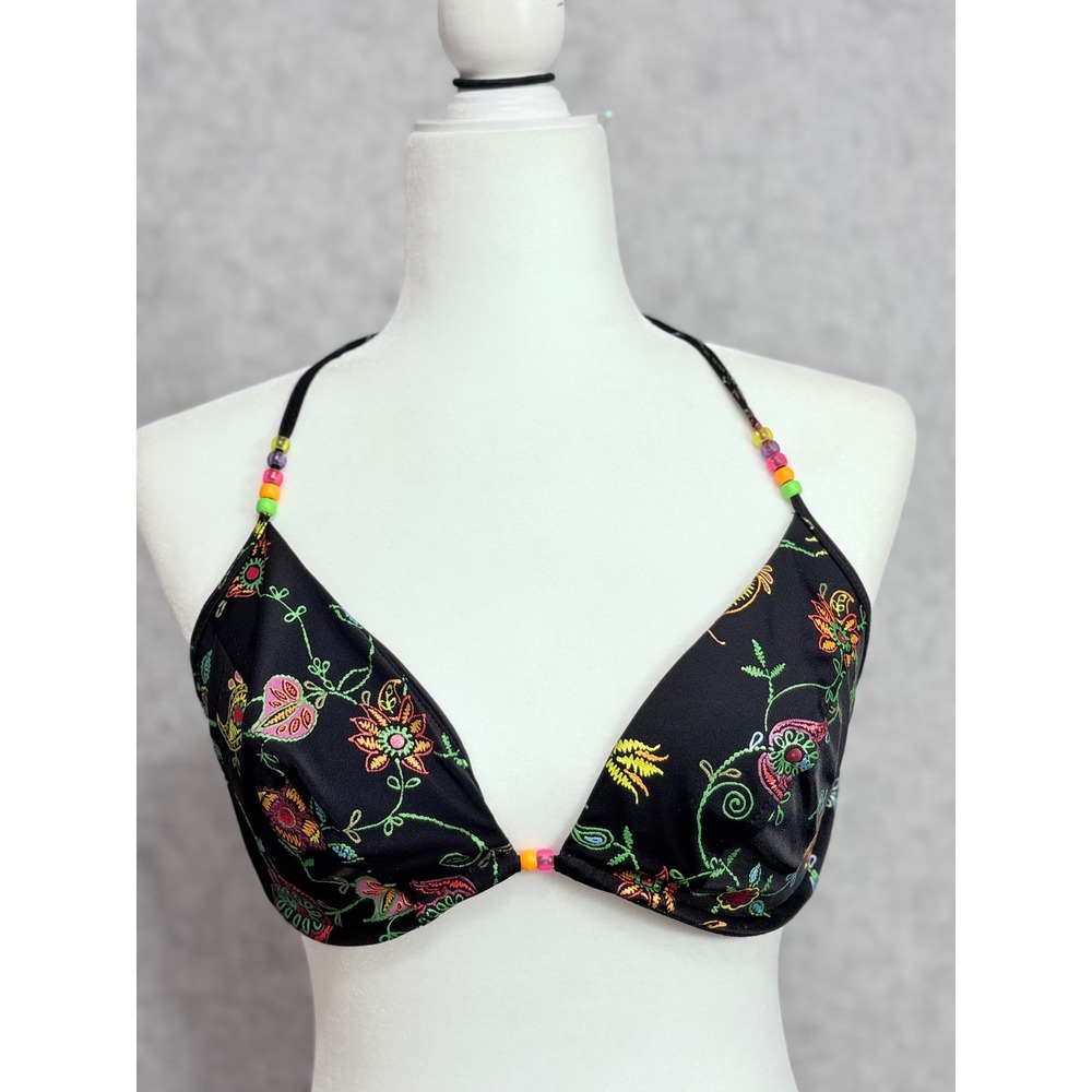 Victoria's Secret Bikini Top Women 34C Black Floral Beaded Halter